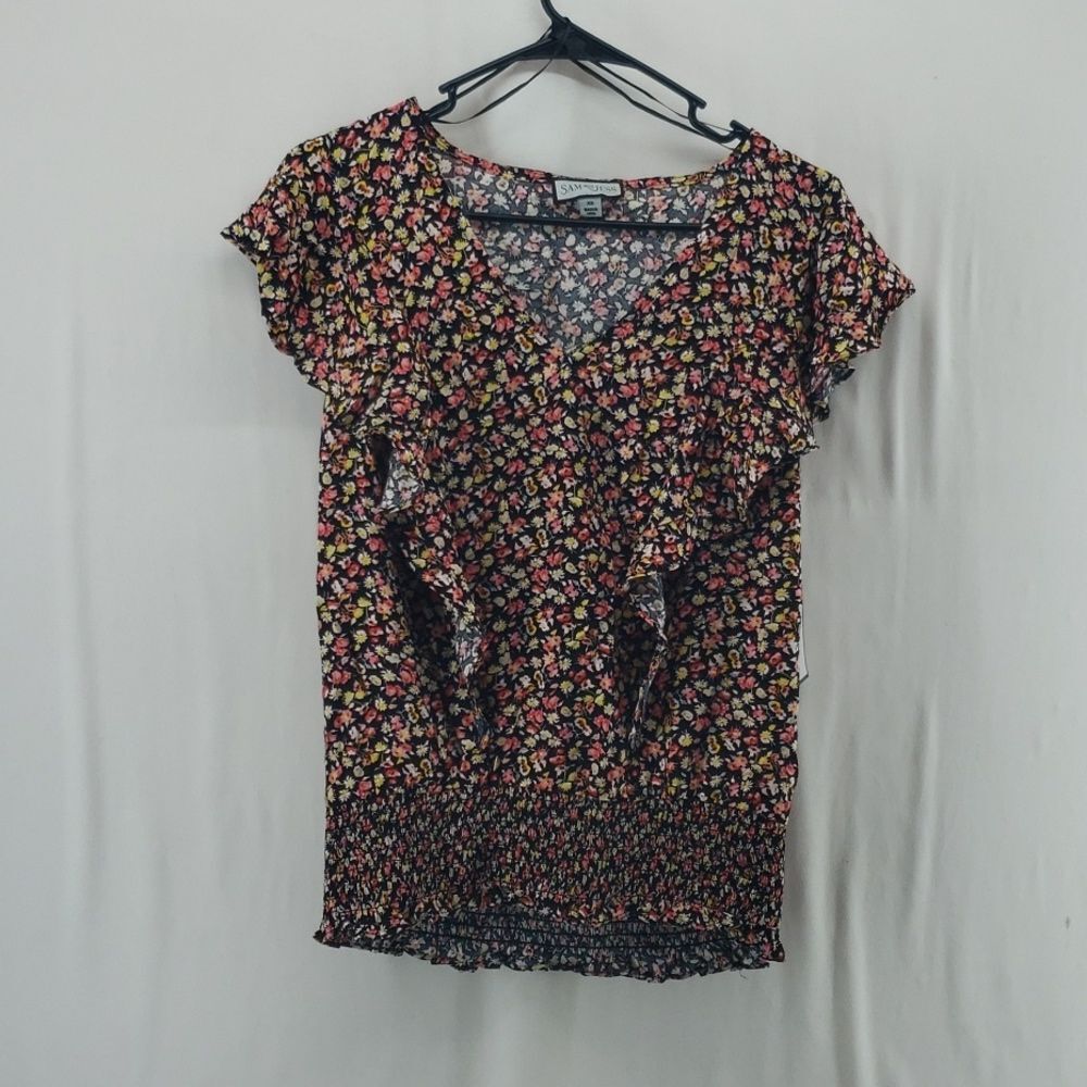 Sam & Jess XS Black Floral Print Top Casual Lightweight Blouse (AN)